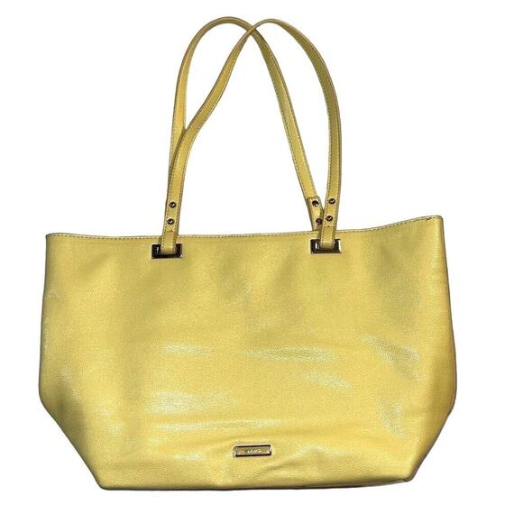 Nine West Ava Faux Leather Tote Bag Purse Floral Laser Cut Design Yellow Silver - Picture 3 of 14